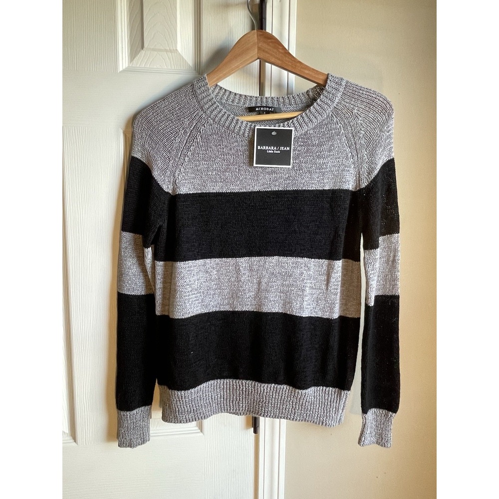 New $218 ACROBAT Sweater Fog/Black Small Pullover Crewneck Linen Cotton Nylon